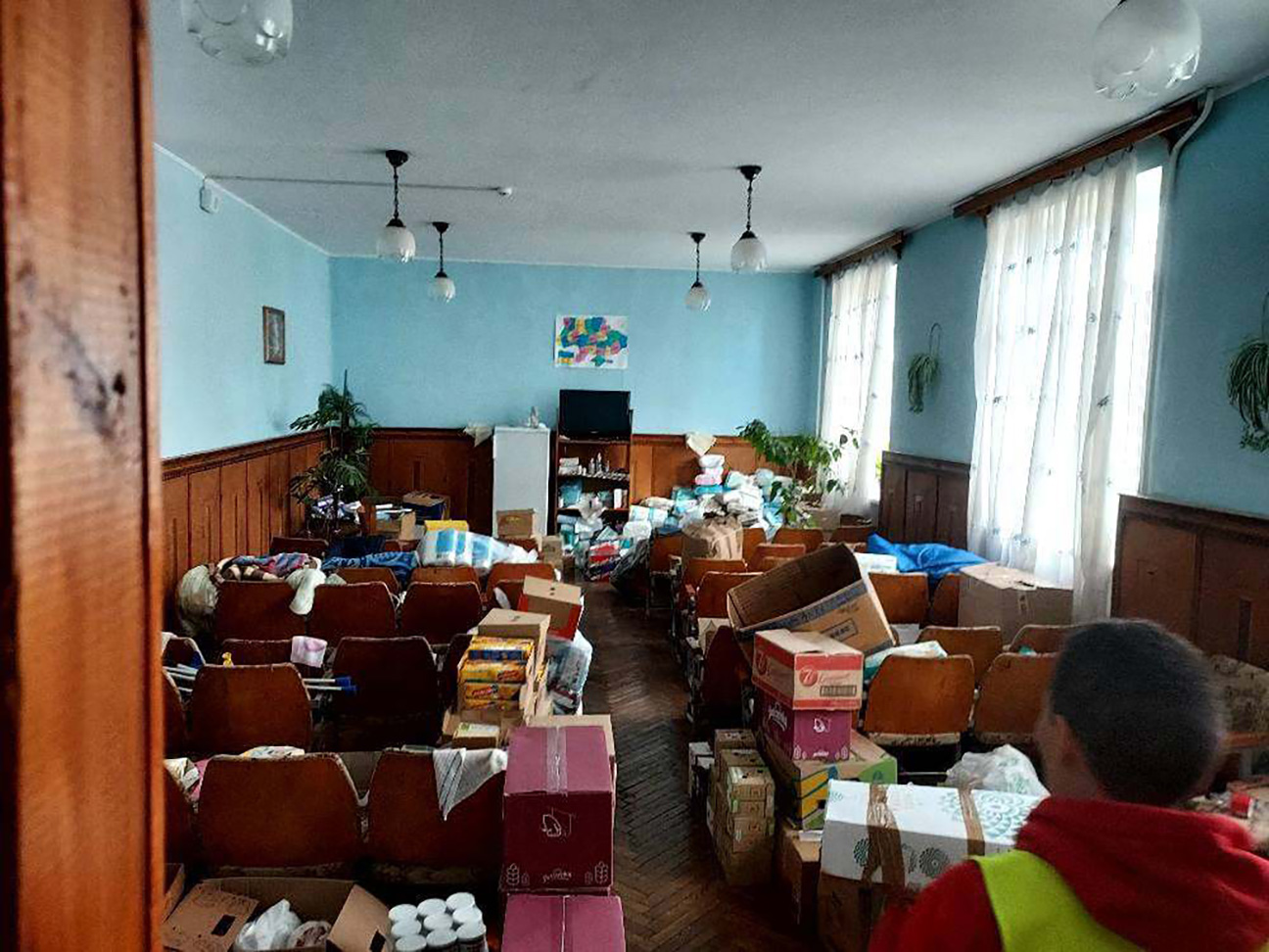 Supplies for Ukrainian refugees are stored in a dormitory